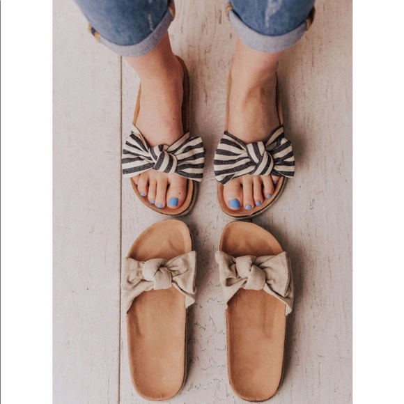 Beige Slip On Linen Fabric Bow Sandals - Picture 9 of 14